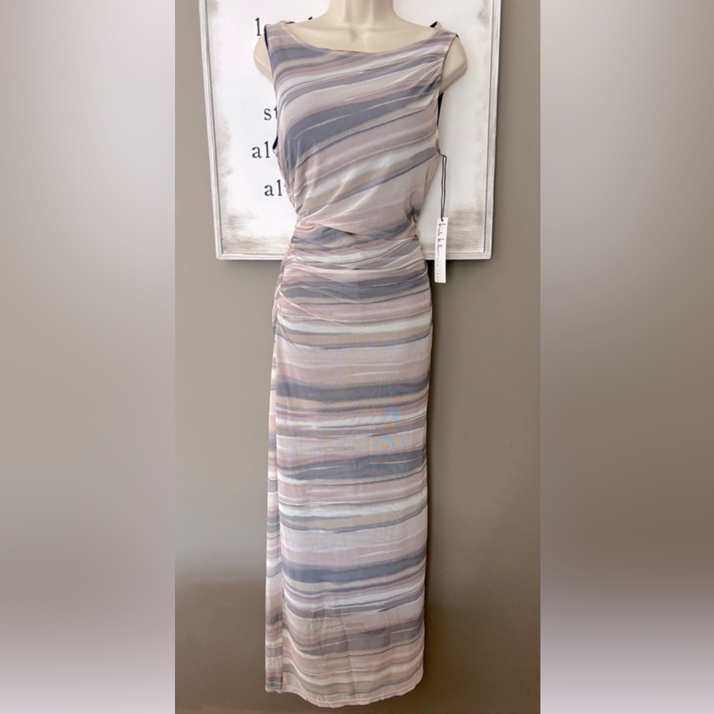 NWT Mesh Boatneck Sleeveless Ruched Midi Maxi Dress Gradient Blues, Pink & Sand